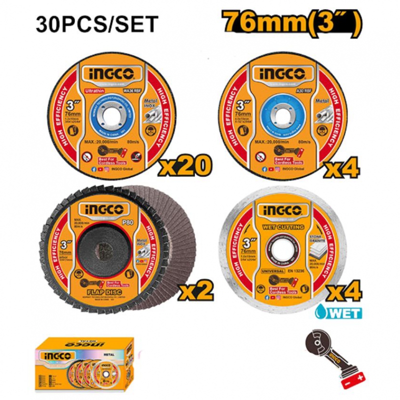 Bộ 30 đá cắt, đá mài và nhám xếp 76mm(3") INGCO MCD07630