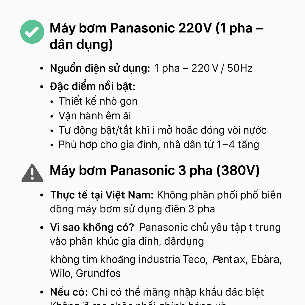 Máy bơm Panasonic chạy điện 220V hay có loại 3 pha không?