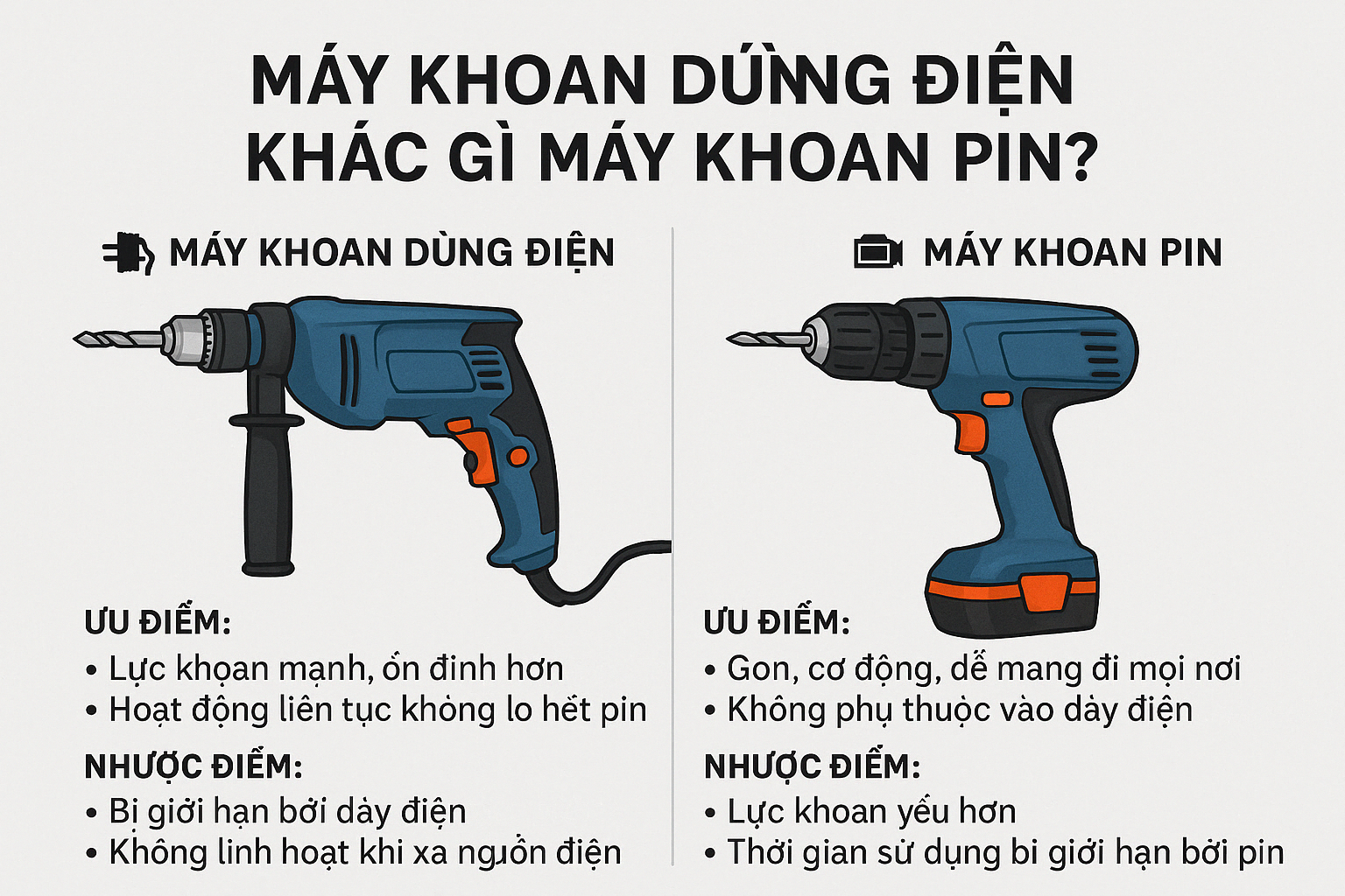  Máy khoan dùng điện khác gì máy khoan pin?