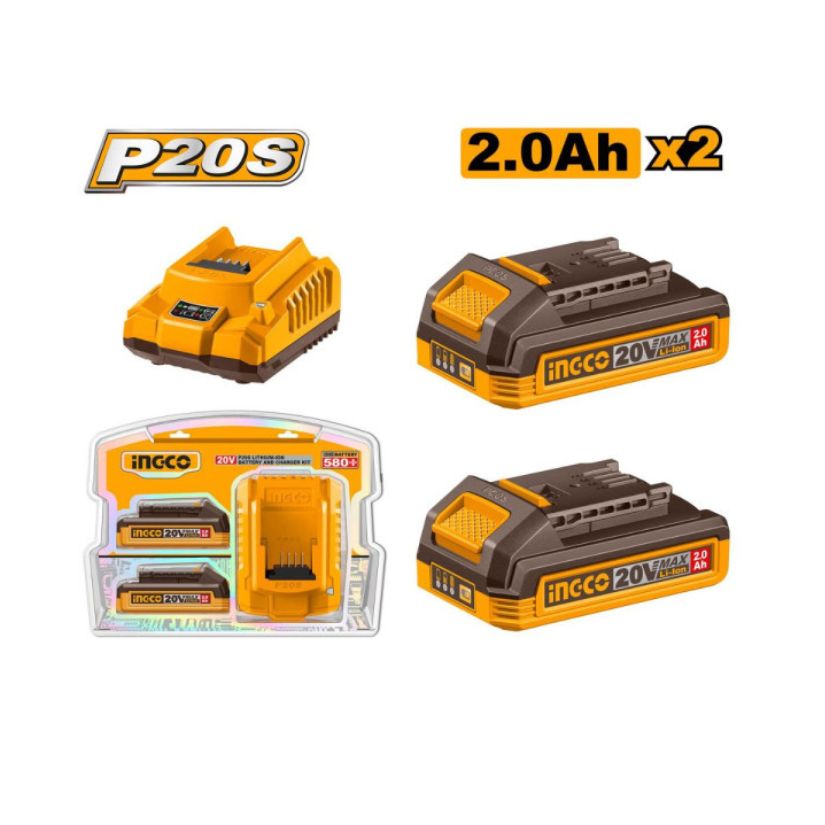 Bộ 2 pin 2.0Ah và 1 đầu sạc Lithium-Ion P20S INGCO FBCPK1222