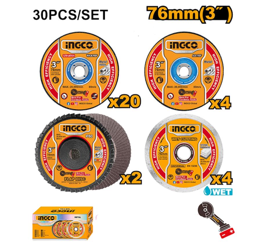 Bộ 30 đá cắt, đá mài và nhám xếp 76mm(3") INGCO MCD07630