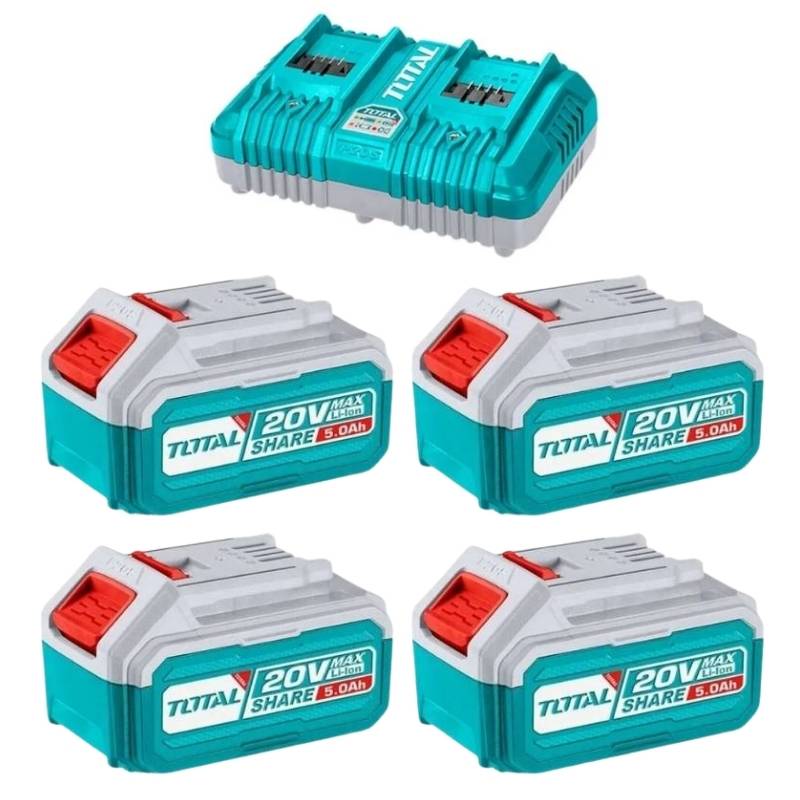 Bộ 4 Pin 20V 5.0Ah Và Sạc Nhanh 2 Cổng Total TFBCLI20245