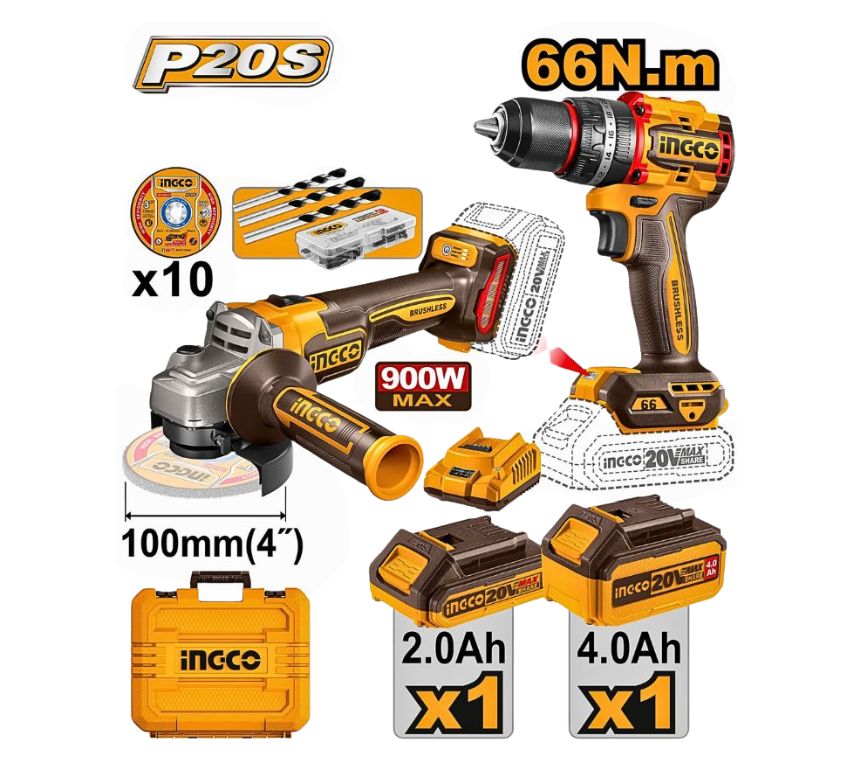Bộ combo Máy mài góc (CAGLI21104) & Máy khoan búa (CIDLI206681) dùng pin 20V INGCO  CKLI2027310